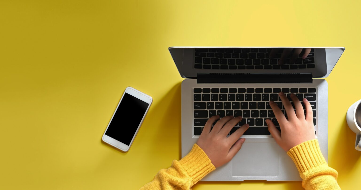 The photo shows the words Website Accessibility Standards on a yellow background. You see a person's hands on their laptop.
